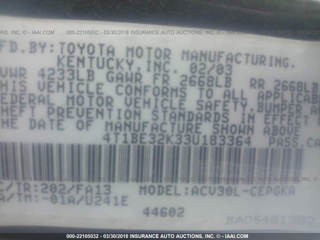 4T1BE32K33U183364 - 2003 TOYOTA CAMRY LE/XLE/SE შავი ფოტო 9