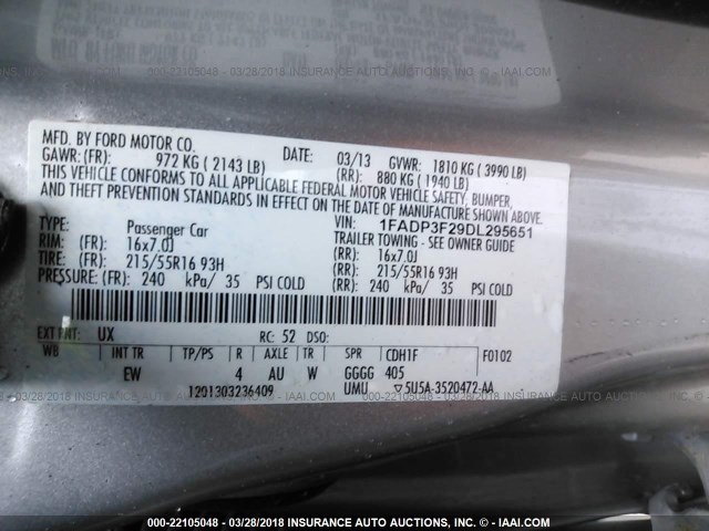 1FADP3F29DL295651 - 2013 FORD FOCUS SE SILVER photo 9