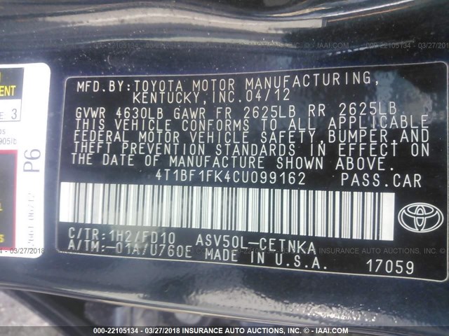 4T1BF1FK4CU099162 - 2012 TOYOTA CAMRY SE/LE/XLE BLACK photo 9