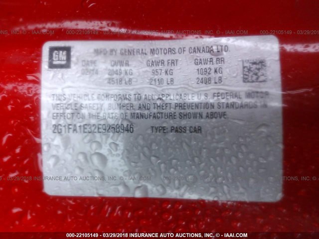 2G1FA1E32E9258946 - 2014 CHEVROLET CAMARO LS RED photo 9