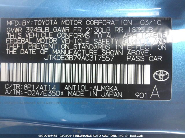 JTKDE3B79A0317557 - 2010 TOYOTA SCION TC 蓝色 照片 9