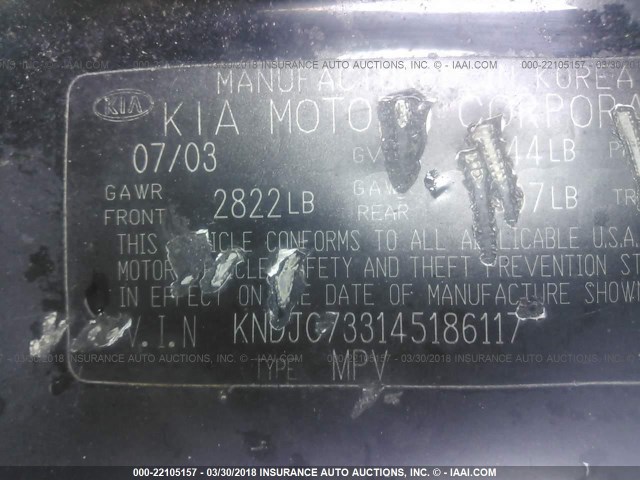 KNDJC733145186117 - 2004 KIA SORENTO EX/LX BLACK photo 9