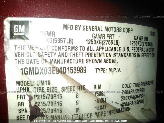 1GMDX03E94D153989 - 2004 PONTIAC MONTANA MAROON photo 9