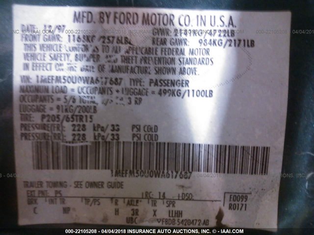 1MEFM50U0WA617687 - 1998 MERCURY SABLE GS/LS 绿色 照片 9