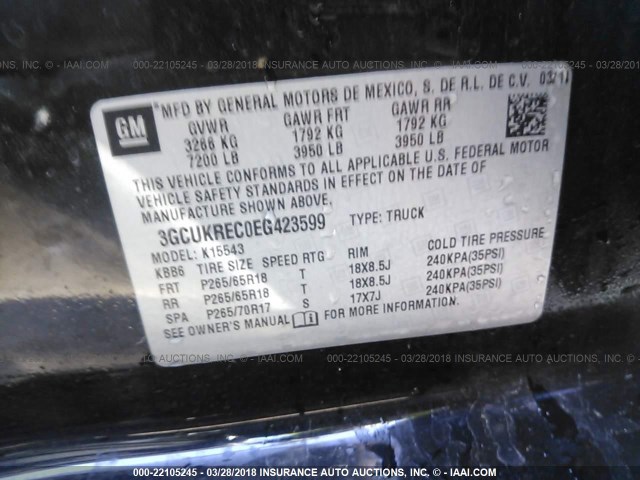 3GCUKREC0EG423599 - 2014 CHEVROLET SILVERADO K1500 LT BLACK photo 9