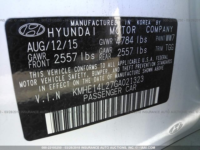 KMHE14L27GA021323 - 2016 HYUNDAI SONATA PLUG-IN HYBRID WHITE photo 9