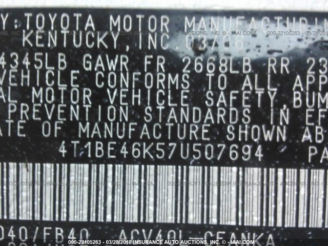 4T1BE46K57U507694 - 2007 TOYOTA CAMRY NEW GENERAT CE/LE/XLE/SE WHITE photo 9