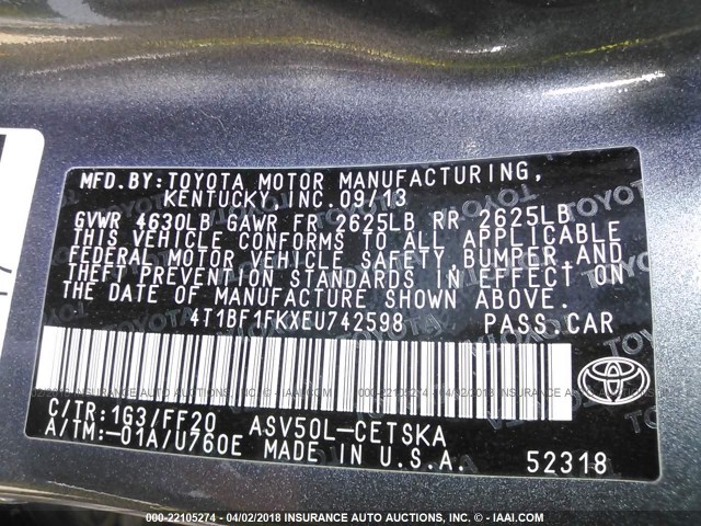 4T1BF1FKXEU742598 - 2014 TOYOTA CAMRY L/SE/LE/XLE 灰色 照片 9