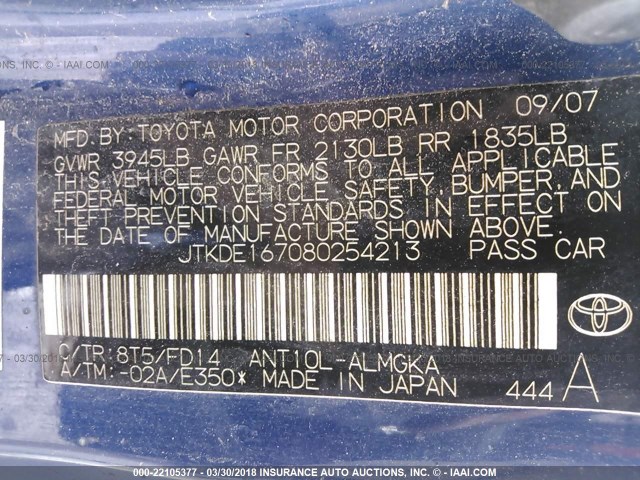 JTKDE167080254213 - 2008 TOYOTA SCION TC 蓝色 照片 9