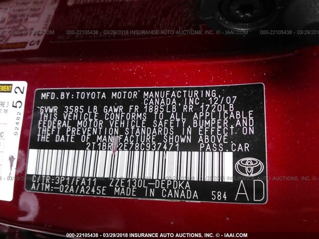 2T1BR32E78C937471 - 2008 TOYOTA COROLLA CE/LE/S RED photo 9