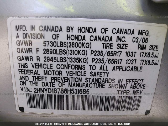 2HNYD18786H531685 - 2006 ACURA MDX TOURING SILVER photo 9