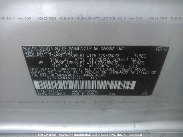 2T3DF4DV6CW243275 - 2012 TOYOTA RAV4 LIMITED SILVER photo 9