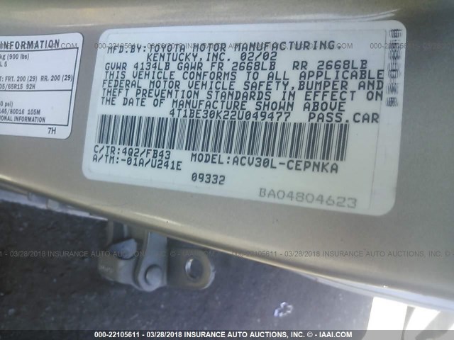 4T1BE30K22U049477 - 2002 TOYOTA CAMRY LE/XLE/SE GOLD photo 9