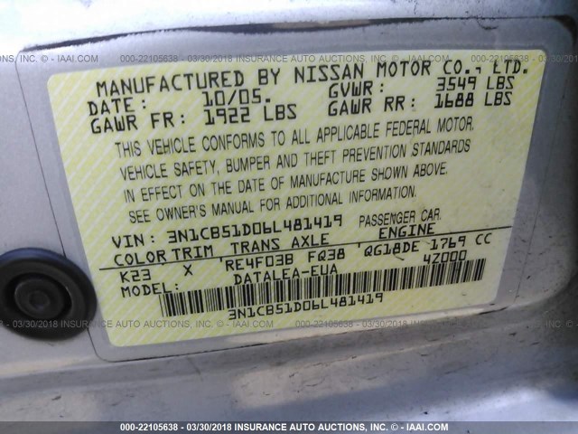 3N1CB51D06L481419 - 2006 NISSAN SENTRA 1.8/1.8S SILVER photo 9