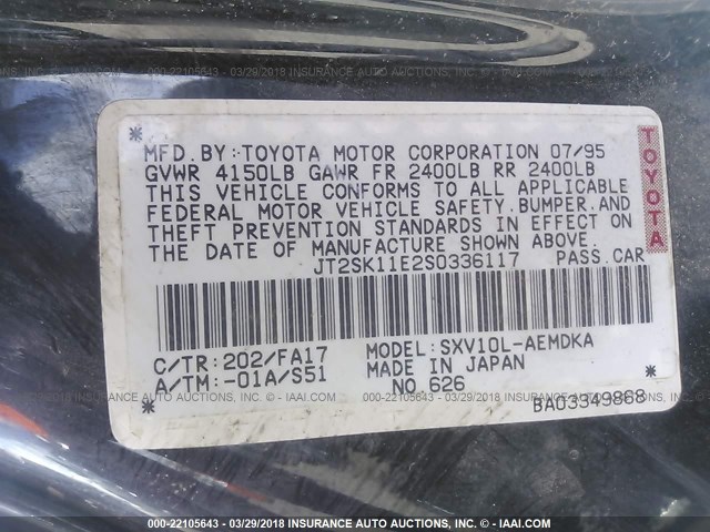 JT2SK11E2S0336117 - 1995 TOYOTA CAMRY DX BLACK photo 9