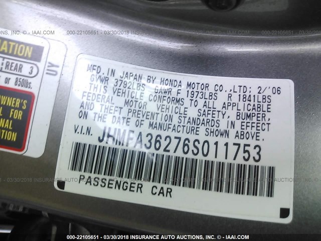 JHMFA36276S011753 - 2006 HONDA CIVIC HYBRID GOLD photo 9