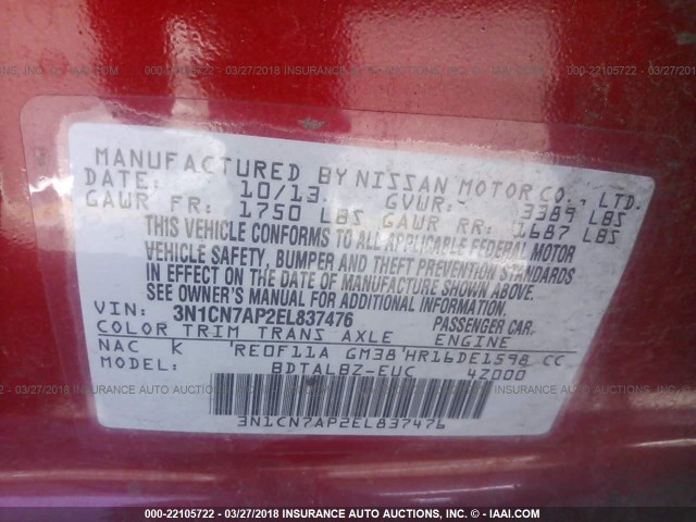 3N1CN7AP2EL837476 - 2014 NISSAN VERSA S/S PLUS/SV/SL RED photo 9