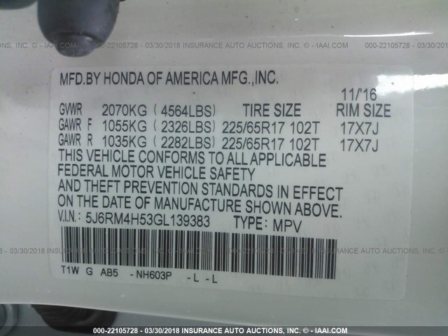 5J6RM4H53GL139383 - 2016 HONDA CR-V EX თეთრი ფოტო 9