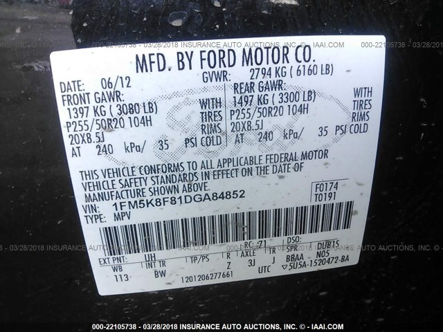 1FM5K8F81DGA84852 - 2013 FORD EXPLORER LIMITED 黑色 照片 9