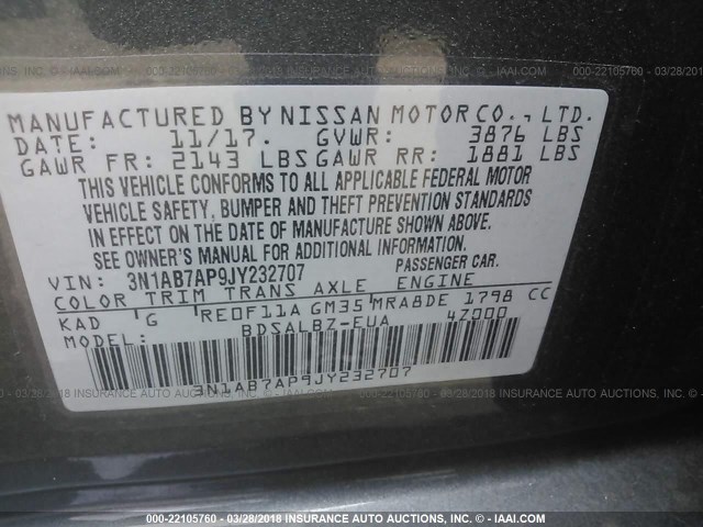 3N1AB7AP9JY232707 - 2018 NISSAN SENTRA S/SV/SR/SL GRAY photo 9