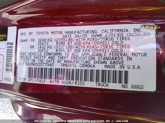 5TETX62N85Z077940 - 2005 TOYOTA TACOMA PRERUNNER ACCESS CAB MAROON photo 9