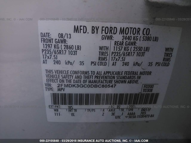 2FMDK3GC0DBC80547 - 2013 FORD EDGE SE WHITE photo 9