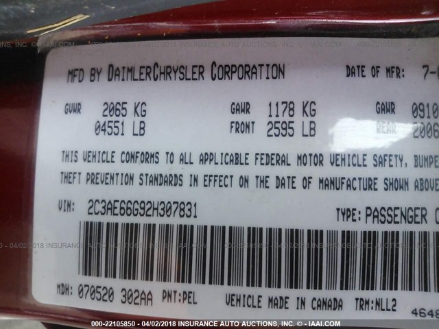 2C3AE66G92H307831 - 2002 CHRYSLER 300M RED photo 9