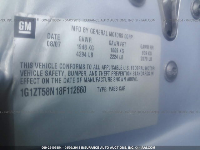 1G1ZT58N18F112660 - 2008 CHEVROLET MALIBU LT/CLASSIC GRAY photo 9