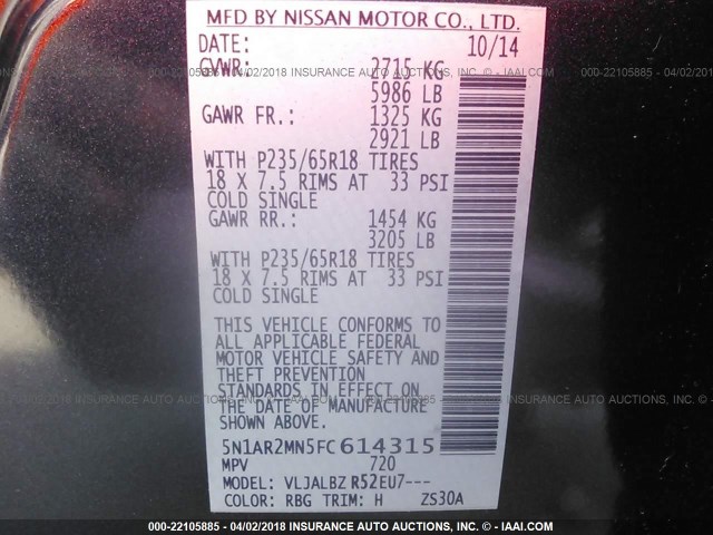 5N1AR2MN5FC614315 - 2015 NISSAN PATHFINDER S/SV/SL/PLATINUM 海军蓝 照片 9