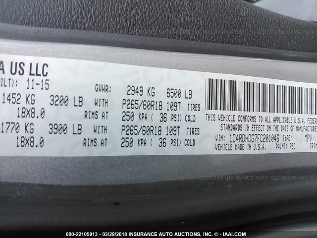 1C4RDHDG7FC201046 - 2015 DODGE DURANGO LIMITED SILVER photo 9