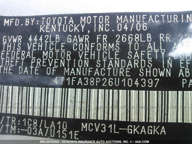 4T1FA38P26U104397 - 2006 TOYOTA CAMRY SOLARA SE/SLE Gümüş foto 9