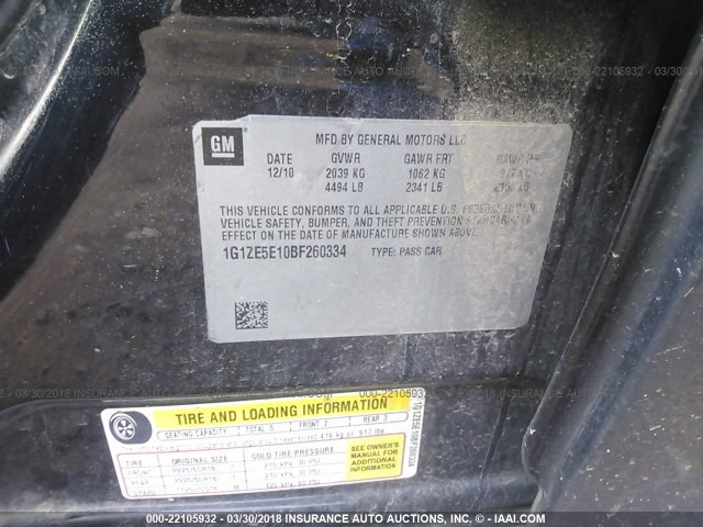 1G1ZE5E10BF260334 - 2011 CHEVROLET MALIBU LTZ 黑色 照片 9