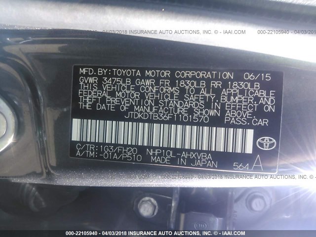 JTDKDTB36F1101570 - 2015 TOYOTA PRIUS C GRAY photo 9