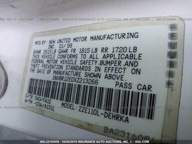 1NXBR12E0XZ213266 - 1999 TOYOTA COROLLA VE/CE/LE 白色 照片 9