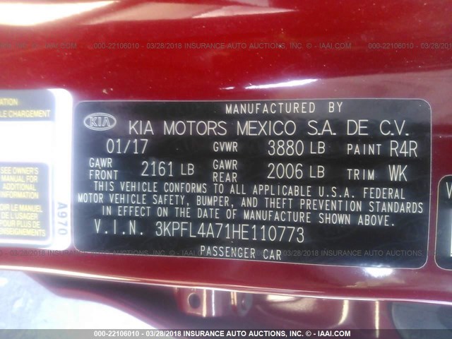 3KPFL4A71HE110773 - 2017 KIA FORTE LX/S RED photo 9