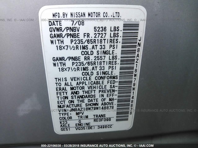 JN8AZ18W79W148878 - 2009 NISSAN MURANO S/SL/LE SILVER photo 9