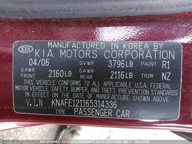 KNAFE121165314336 - 2006 KIA NEW SPECTRA LX/EX MAROON photo 9