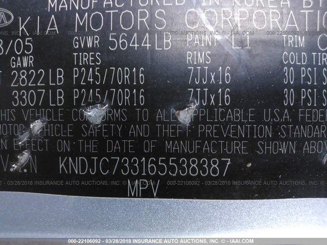 KNDJC733165538387 - 2006 KIA SORENTO EX/LX Light Blue photo 9