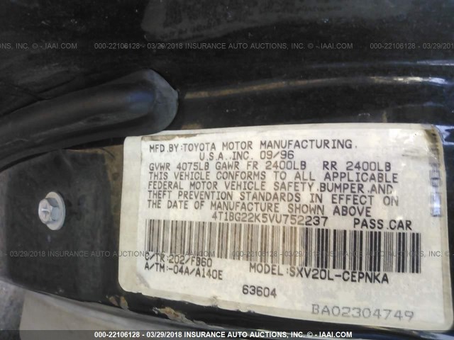 4T1BG22K5VU752237 - 1997 TOYOTA CAMRY CE/LE/XLE 黑色 照片 9