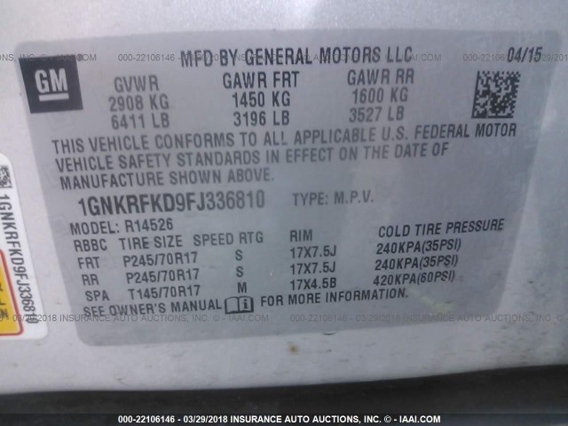 1GNKRFKD9FJ336810 - 2015 CHEVROLET TRAVERSE LS SILVER photo 9