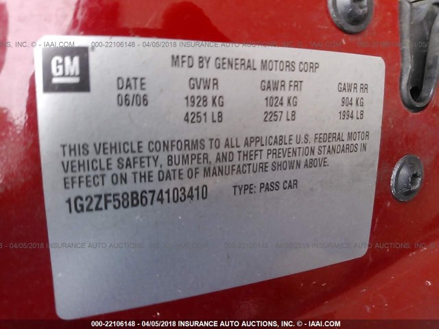 1G2ZF58B674103410 - 2007 PONTIAC G6 VALUE LEADER/BASE RED photo 9