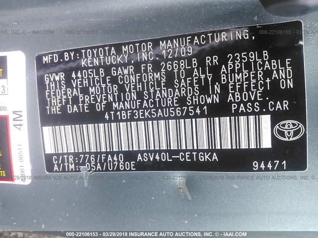 4T1BF3EK5AU567541 - 2010 TOYOTA CAMRY SE/LE/XLE GREEN photo 9