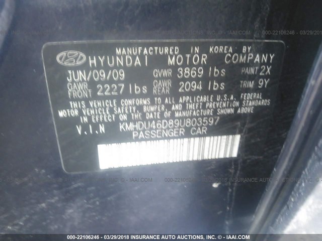 KMHDU46D89U803597 - 2009 HYUNDAI ELANTRA GLS/SE BLUE photo 9