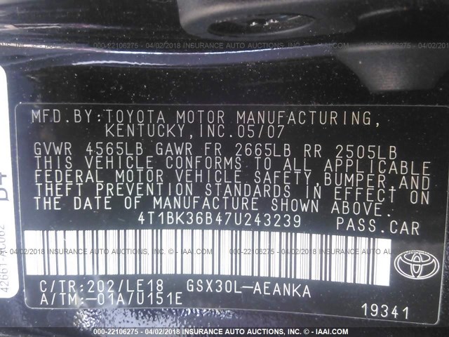 4T1BK36B47U243239 - 2007 TOYOTA AVALON XL/XLS/TOURING/LIMITED BLACK photo 9