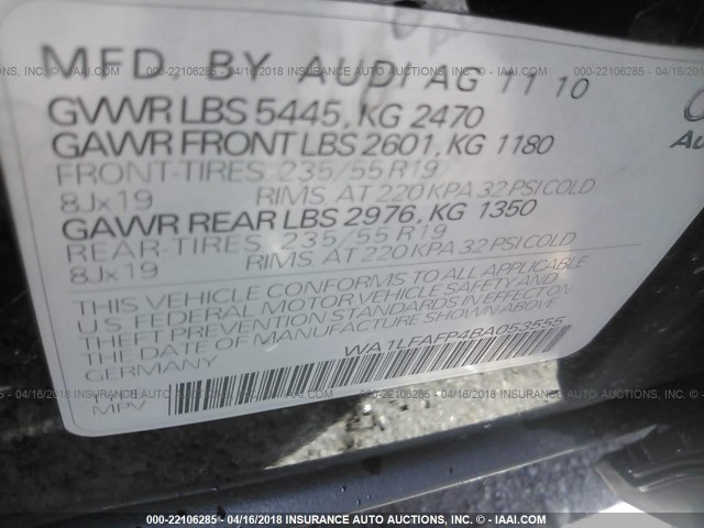 WA1LFAFP4BA053555 - 2011 AUDI Q5 PREMIUM PLUS BLACK photo 9