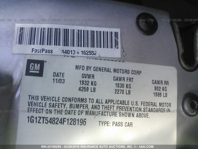 1G1ZT54824F128196 - 2004 CHEVROLET MALIBU LS 银色 照片 9