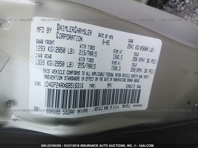 1D4GP24RX6B516316 - 2006 DODGE GRAND CARAVAN SE GOLD photo 9