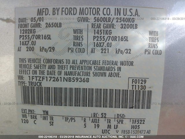 1FTZF17261NB59368 - 2001 FORD F150 GRAY photo 9