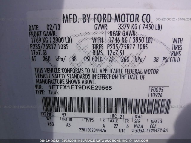 1FTFX1ET9DKE29565 - 2013 FORD F150 SUPER CAB WHITE photo 9