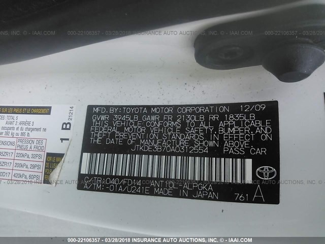 JTKDE3B70A0312554 - 2010 TOYOTA SCION TC 白色 照片 9